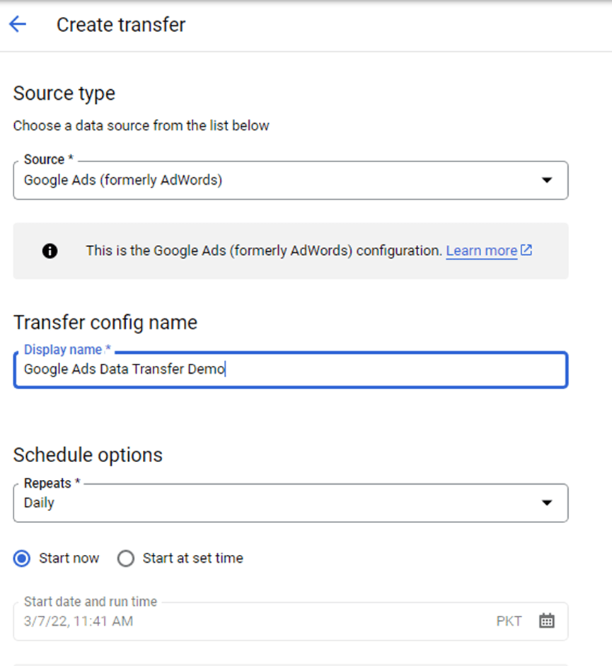 bigquery google ads - create transfer details
